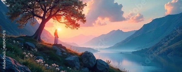 Fototapeta Serene nature scene depicting swirling, vibrant energy emanating from a tranquil landscape, conveying a sense of peaceful meditation and inner harmony , nature, power, stars