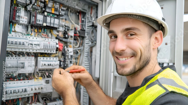 Fototapeta Electrician working on electrical panel and smiling at work
