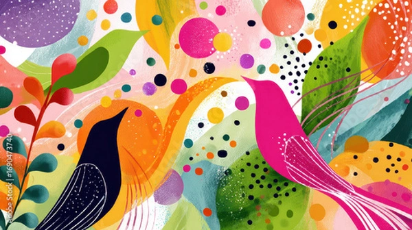 Fototapeta Colorful abstract illustration featuring vibrant birds, leaves, and playful circles in a whimsical design with bright hues