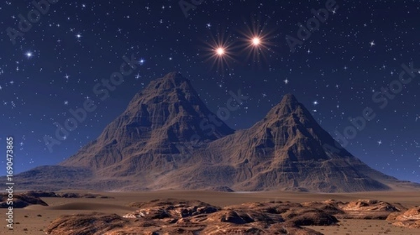 Fototapeta Breathtaking fantasy desert landscape illuminated by the shimmering glow of twin radiant suns