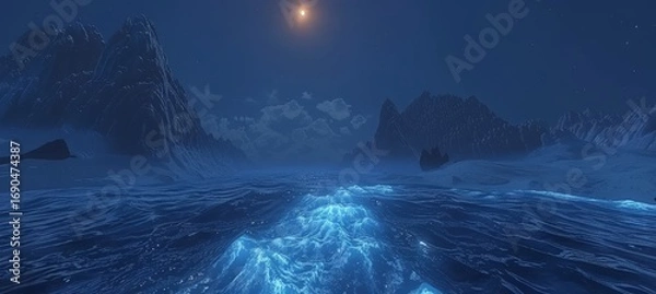 Fototapeta Mesmerizing volcanic terrain illuminated by flowing lava rivers under a starry night sky