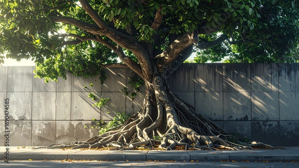 Fototapeta Hyper-realistic photo of ancient tree with sprawling roots breaking concrete sidewalk and wall