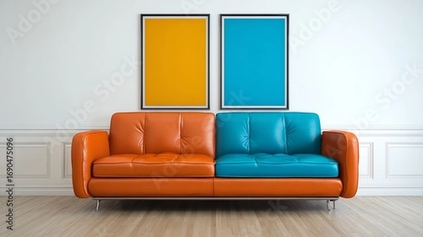 Fototapeta A modern living room features a split-toned sofa in vibrant orange and teal, mirroring the color scheme of the abstract art pieces hanging above, creating a balanced and inviting space.