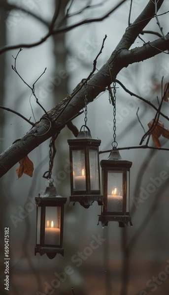 Fototapeta Enchanting ethereal landscape adorned with floating lanterns illuminating the night sky