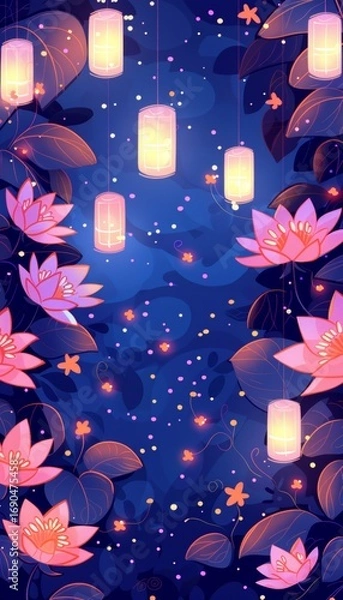 Fototapeta Enchanting ethereal landscape adorned with floating lanterns illuminating the night sky
