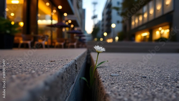 Fototapeta A resilient flower blooming from a crack in the urban pavement