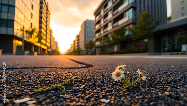 Fototapeta A determined daisy flourishing in the heart of the city, a testament to nature's resilience
