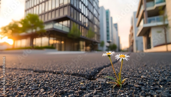 Fototapeta Daisies grow through cracks in pavement in city. Daisies sprout up amidst the asphalt pavement with high-rise buildings in background
