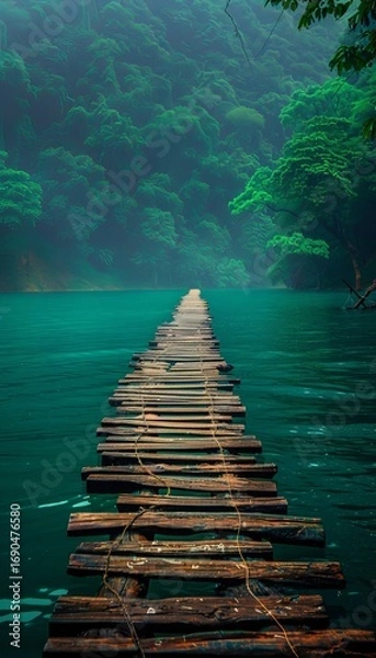 Fototapeta Serene lake landscape showcasing a rustic wooden dock and calm water reflections at dusk