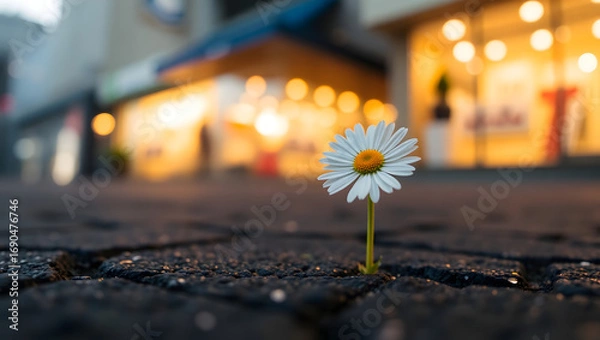 Fototapeta A lone daisy blooms on a urban street, a striking contrast between nature and city life. Its white petals and yellow center create a sense of hope