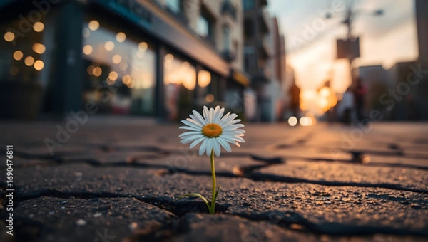 Fototapeta A single daisy blooms bravely through a crack in the urban pavement, symbolizing resilience and the tenacity of life amidst an urban backdrop.