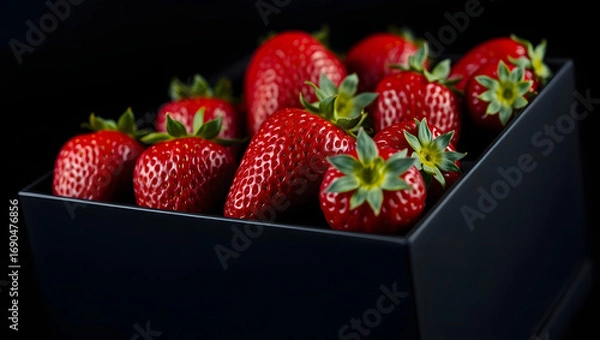 Fototapeta Fresh, ripe strawberries are artfully arranged in a stylish black box, inviting a taste of summer. The vibrant red berries are a perfect treat
