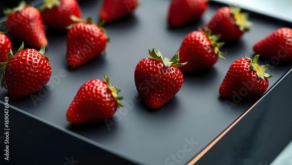 Fototapeta Fresh strawberries arranged on a dark tray, ready to enjoy. Each berry is vibrant and juicy, a treat for the eyes
