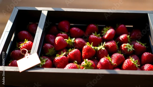 Fototapeta A crate overflowing with fresh, ripe strawberries ready for harvest, a symbol of summer's bounty. The vibrant red berries are in the crate ready to be enjoyed.