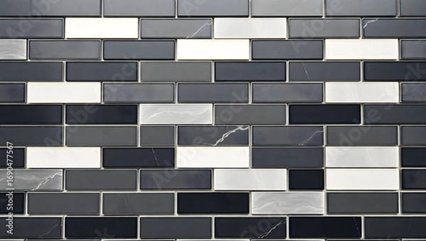 Fototapeta A modern mosaic tile backsplash in varying shades of gray, black, and white, creates a beautiful and eye-catching design
