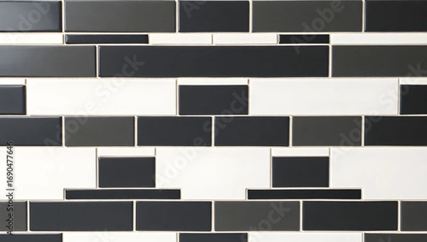 Fototapeta Geometric design of patterned tiles with black, gray, and white color blocks creating a modern mosaic pattern