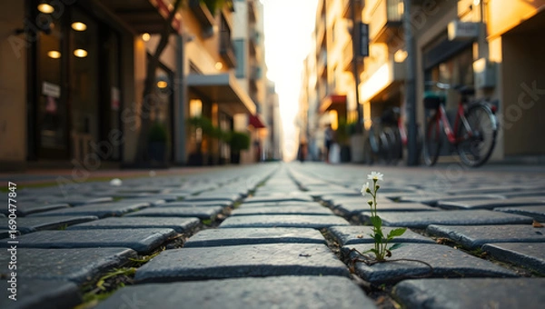 Fototapeta A small flower blooming on a cobblestone street with buildings in the background, the essence of resilience