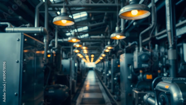 Fototapeta An industrial interior view of a factory with equipment, lamps, and pipes, conveying a sense of production and engineering