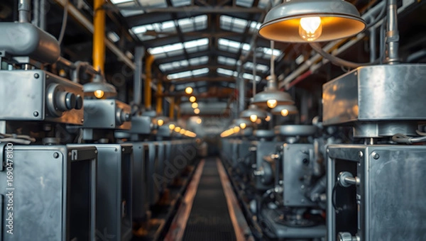 Fototapeta An industrial factory interior shot, focusing on machinery and lighting elements that creates a strong perspective.