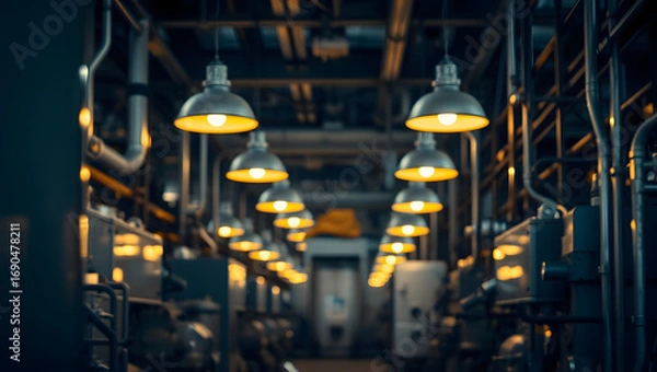 Fototapeta A dimly lit industrial factory interior featuring a row of overhead lights illuminating machinery