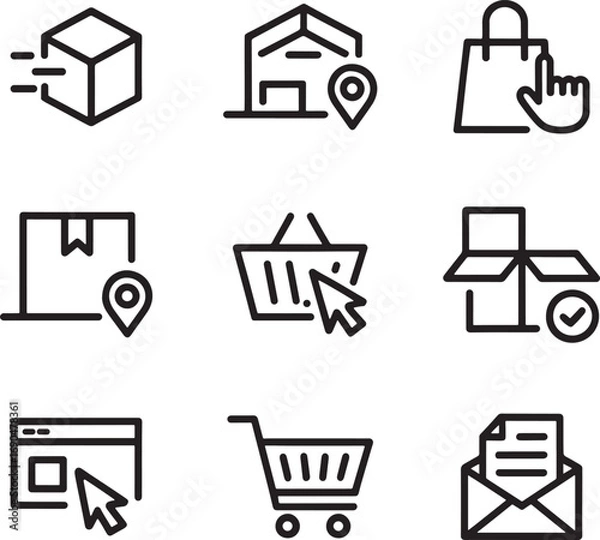 Fototapeta Online Shopping and Delivery Line Icons Set. Click and Collect, Cart, Package, Warehouse, and Order Tracking Vector Illustration
