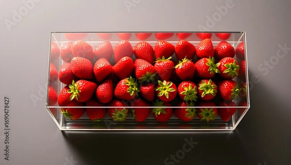 Fototapeta Fresh strawberries elegantly displayed in a clear, transparent container. These vibrant berries have a glistening appearance with their green leaves