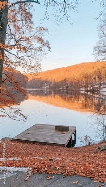 Fototapeta Serene lake featuring a rustic wooden dock and tranquil reflections showcasing nature s beauty