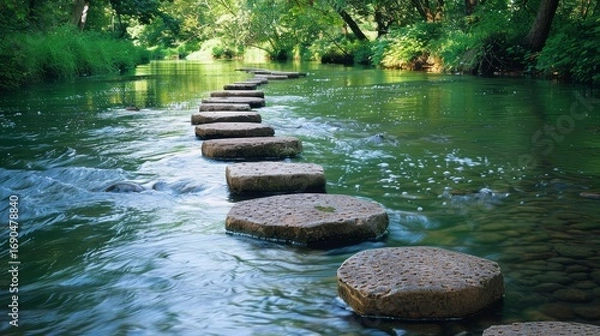 Fototapeta Tranquil river flowing through a serene forest with natural stepping stones along the bank