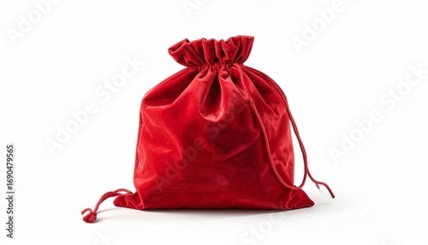 Obraz Red velvet drawstring pouch on white background