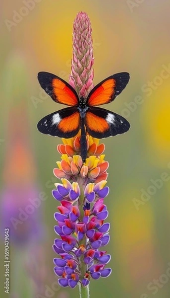 Fototapeta Majestic butterfly gracefully perched on a colorful flower in a beautiful natural setting