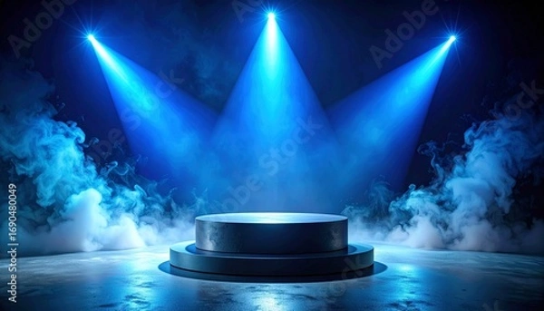 Obraz Blue-lit stage with mist and spotlights
