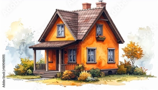 Obraz Orange house with blue shutters and garden