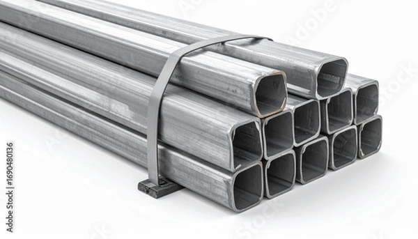 Obraz Stacked metal tubes with strap on white
