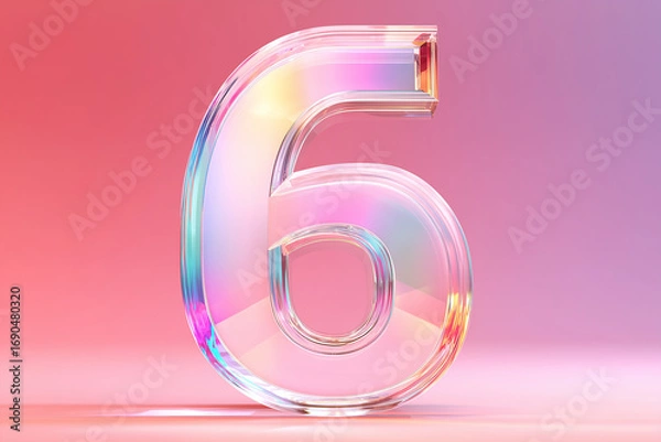 Obraz Iridescent 3D Number Six Digit with Glass Texture on Bright Pink Background
