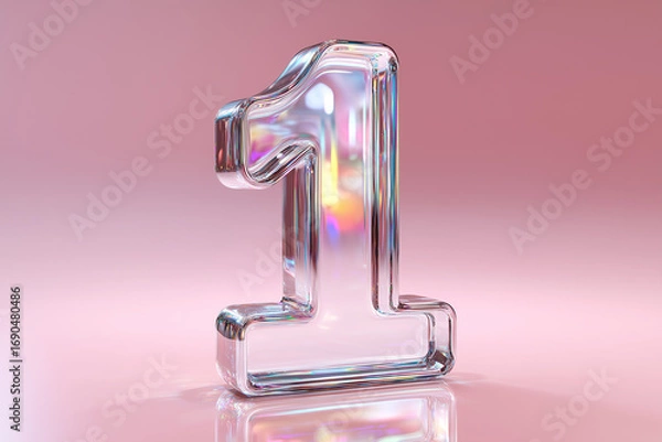 Obraz Chrome Number One Digit in 3D Render on Pink Background with Glossy Reflections
