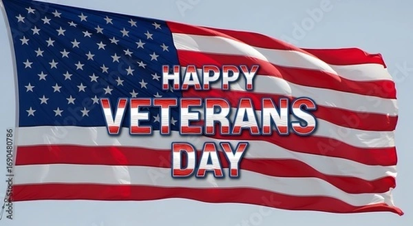 Fototapeta A vibrant image displays the American flag, prominently featuring the message "Happy Veterans Day" in bold, stylized lettering.