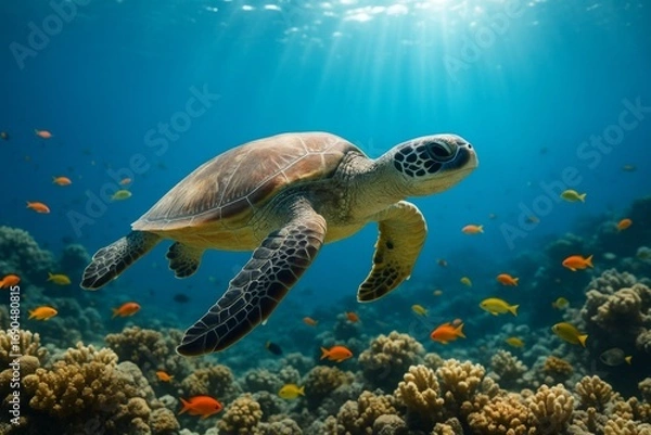 Obraz Sea turtle swimming calmly above coral reef with colorful tropical fish under sunlight in clear blue ocean background. Ai generative. Ai generative