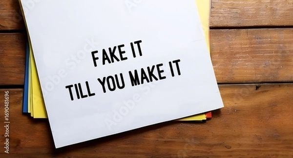 Fototapeta Paper on wood desk with text written Fake It Till You Make It , act the way into new habits until that behavior will become more of a habit and begin to come more easily