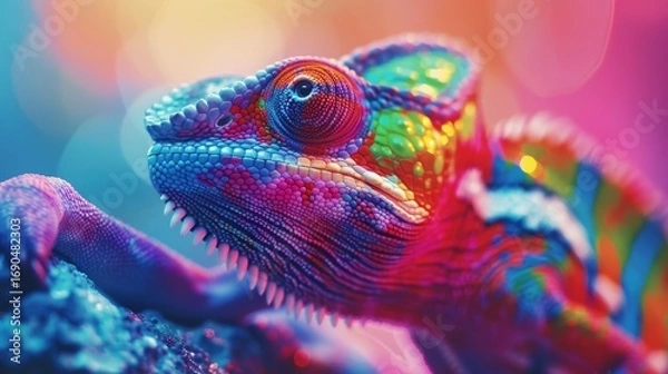 Fototapeta Chameleon camouflaging perfectly against a vibrant and colorful background environment