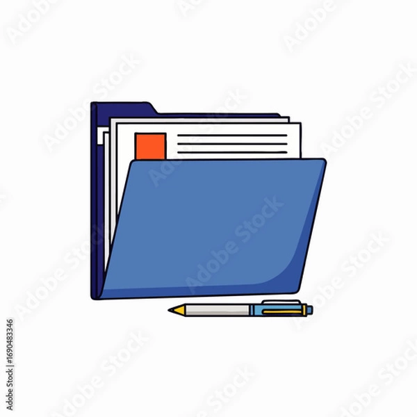 Fototapeta This vibrant illustration depicts an open blue folder filled with important documents and a pen, symbolizing efficient organization and digital data management.