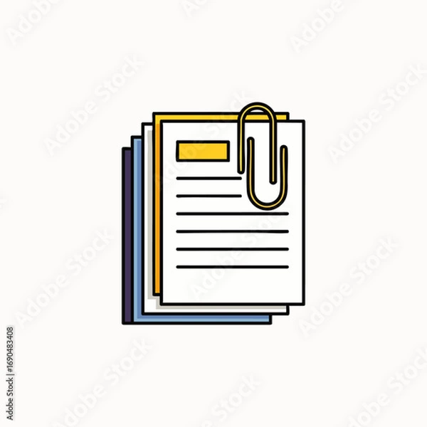 Fototapeta A clear vector illustration shows a neat stack of documents, securely attached with a golden paperclip, symbolizing efficient office organization and important file management.