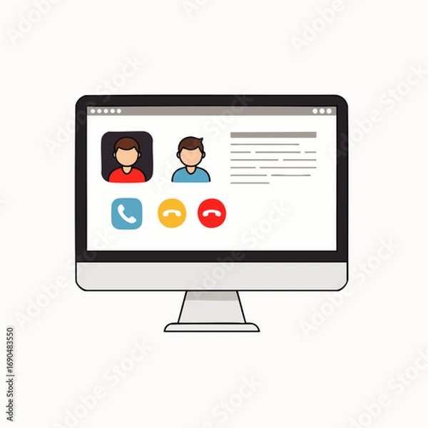 Fototapeta This clean illustration features a desktop computer screen showing a video call, symbolizing efficient remote communication, virtual meetings, and collaborative digital interaction.