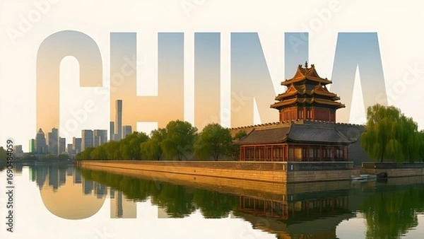 Obraz China Typography with Forbidden City and Modern Skyline Travel Concept.