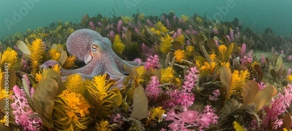 Fototapeta Color changing octopus displays incredible camouflage abilities underwater environment