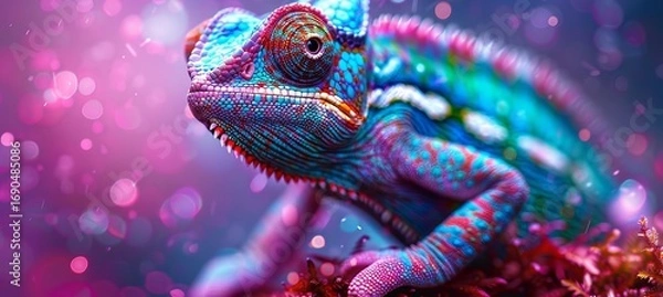 Fototapeta Chameleon expertly blending into a vibrant, colorful background of nature s stunning hues