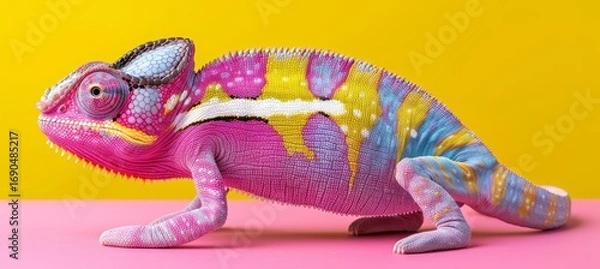 Fototapeta Chameleon camouflaging perfectly against vibrant colorful background for ultimate disguise