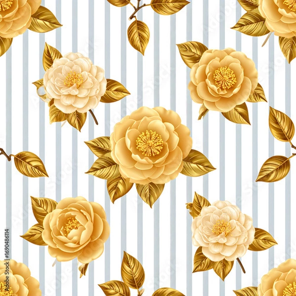 Fototapeta Golden Roses: A mesmerizing, high-angle shot of floral blooms, adorned with delicate golden hues against the backdrop of a striped design