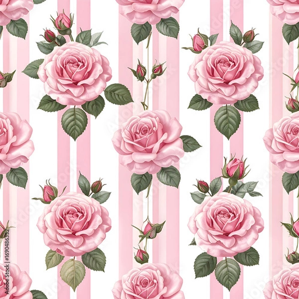 Fototapeta Rose Pattern: A romantic and delicate pattern featuring elegant pink roses with lush green leaves, arranged against a backdrop of gentle pink and white stripes.