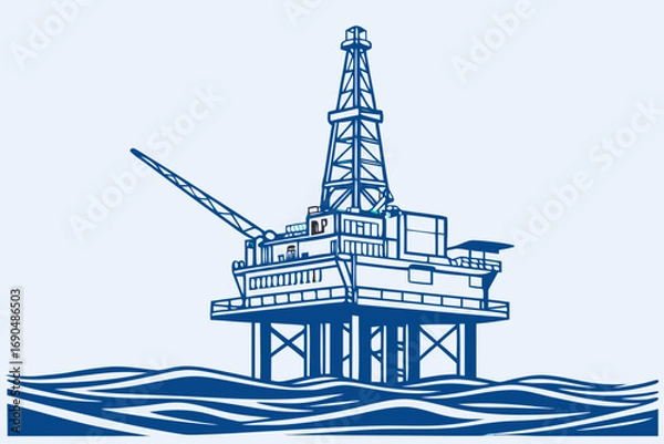 Fototapeta Flat vector illustration of offshore oil rig platform in the ocean waves