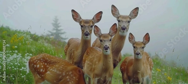 Fototapeta A mystical scene of a herd of deer gracefully roaming in a foggy forest clearing